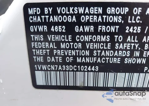 2013 Volkswagen Passat 2.0L Tdi Sel Premium z USA, uszkodzony, nr VIN 1VWCN7A33DC102443